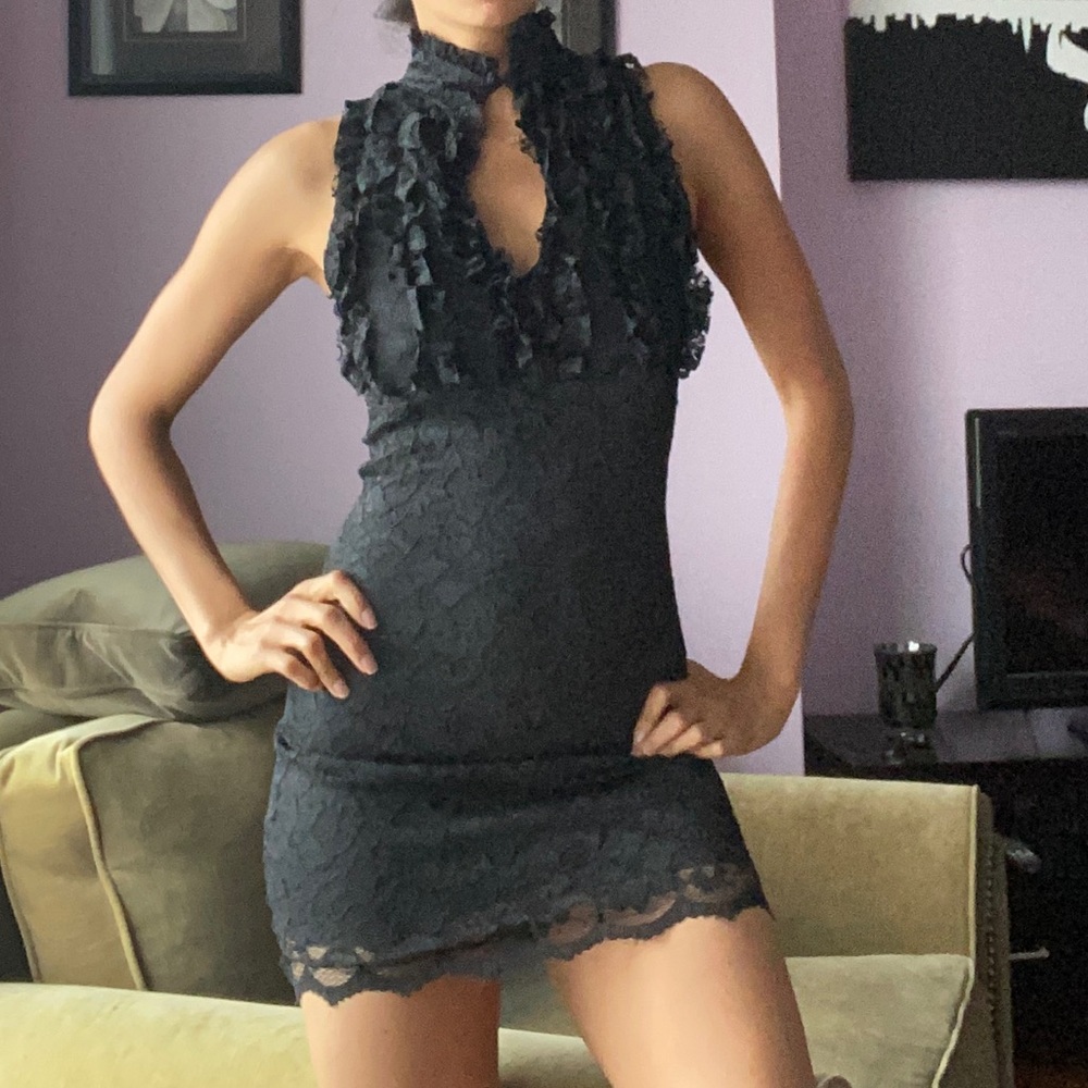 Black ruffle front lace mini dress